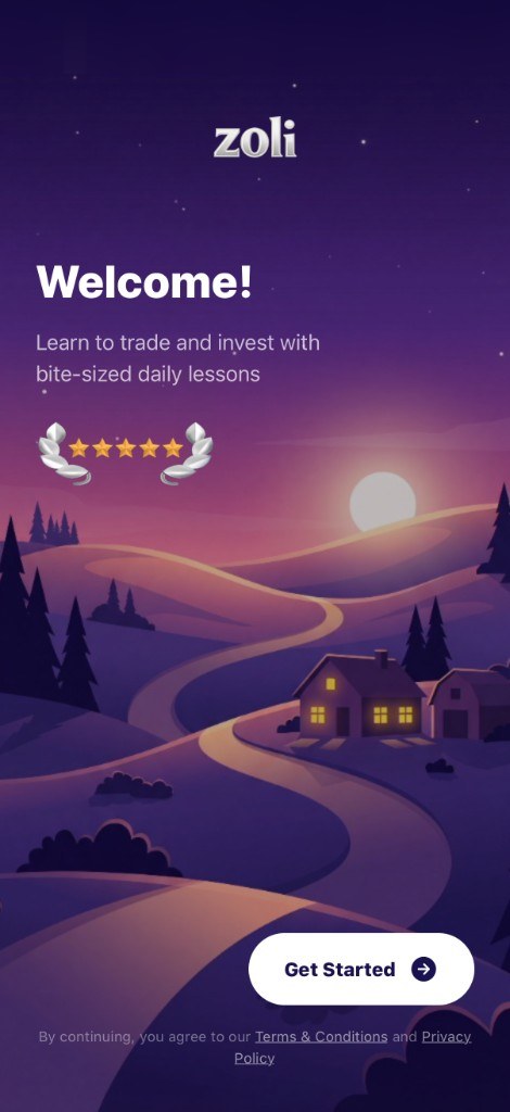 Zoli welcome screen: learn to trade and invest with bite-sized daily lessons